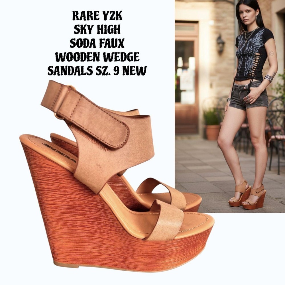y2k faux wooden sky high wedge SODA sandals size 9 new